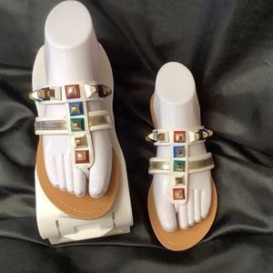 EUC Catherine Malandrino pyramis gold white stud sandals flats sz. 6.5